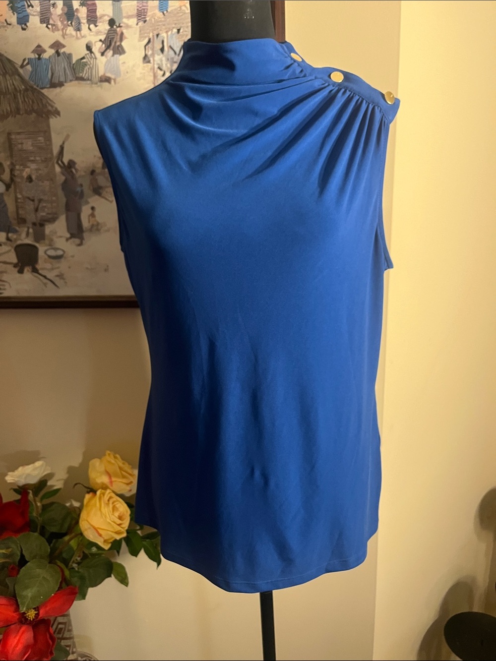 DKNY Royal Blue Sleeveless Mock Neck Top with Shoulder Buttons